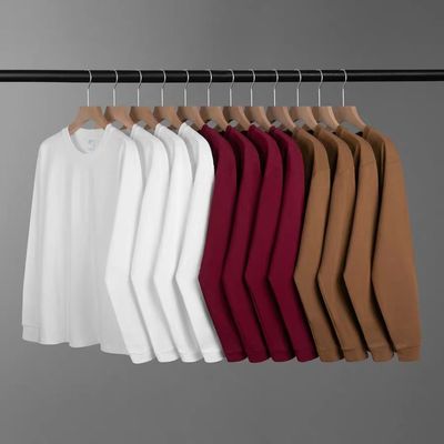 酒红色600g重磅秋冬季新款纯棉长袖t恤男女宽松休闲百搭厚实不透