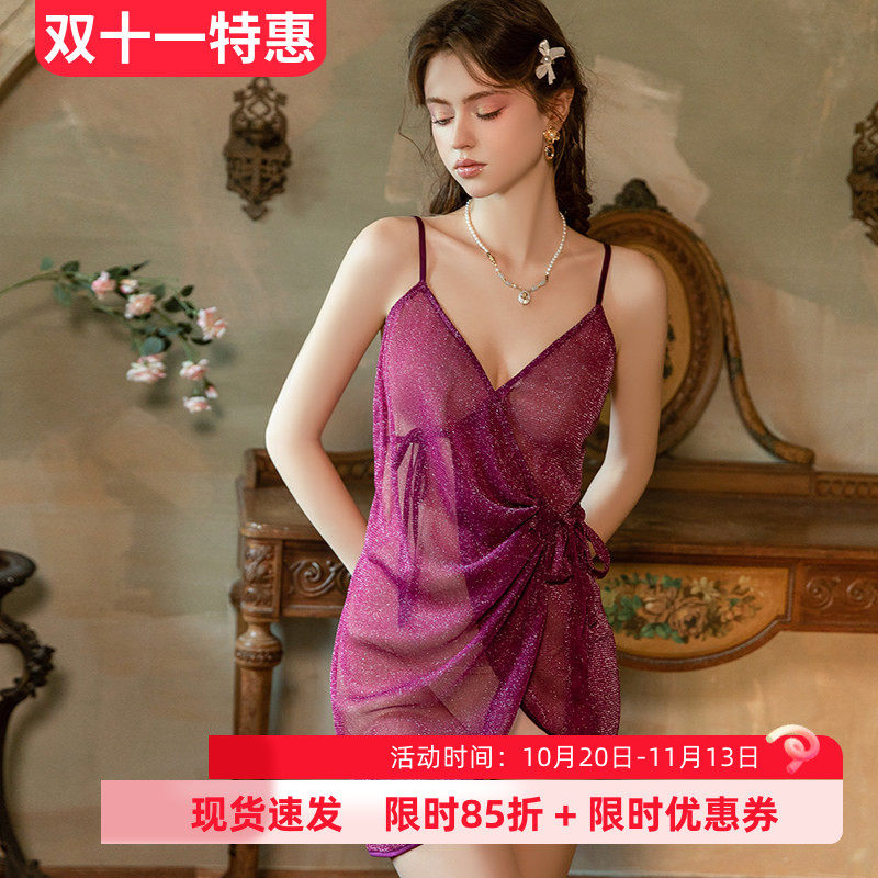 一片式性感系带睡衣女春夏季透视网纱小胸纯欲风深V大码吊带睡裙