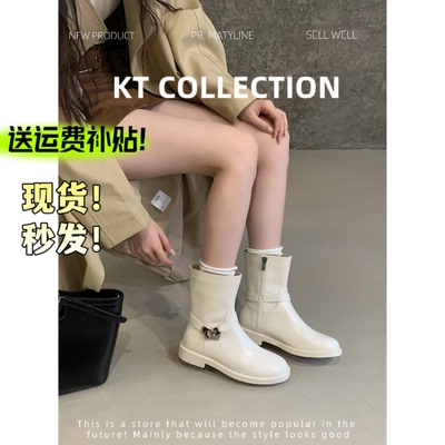 羊皮版！增高4cm～法式复古短靴女秋冬新款圆头中跟机车马丁靴子