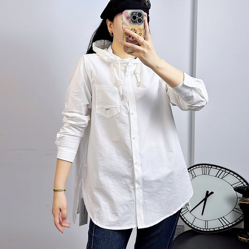 米莱奇春季新款连帽衬衫女宽松大码女装长袖衬衣休闲百搭外套5817