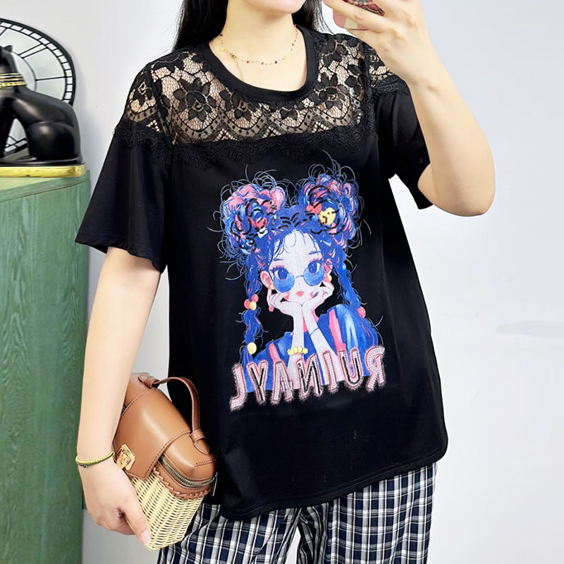 大码女夏季新款蕾丝拼接上衣T恤