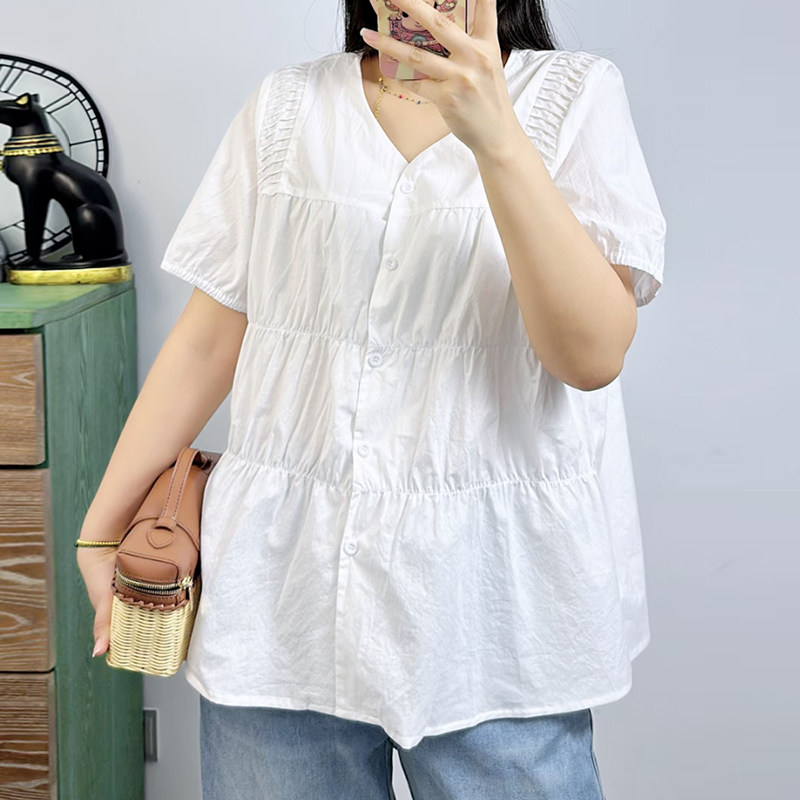 大码女装夏季短袖褶皱衬衫女