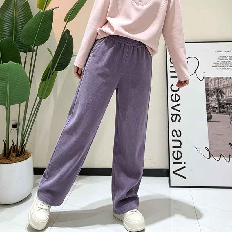 金影奇秋季新款直筒裤女休闲裤宽松大码女装高腰条绒裤子36851