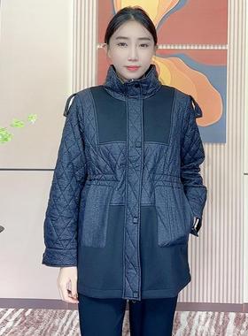 天娇一生水新款拼接夹棉外套气质大码女装2024秋冬菱格棉衣23620