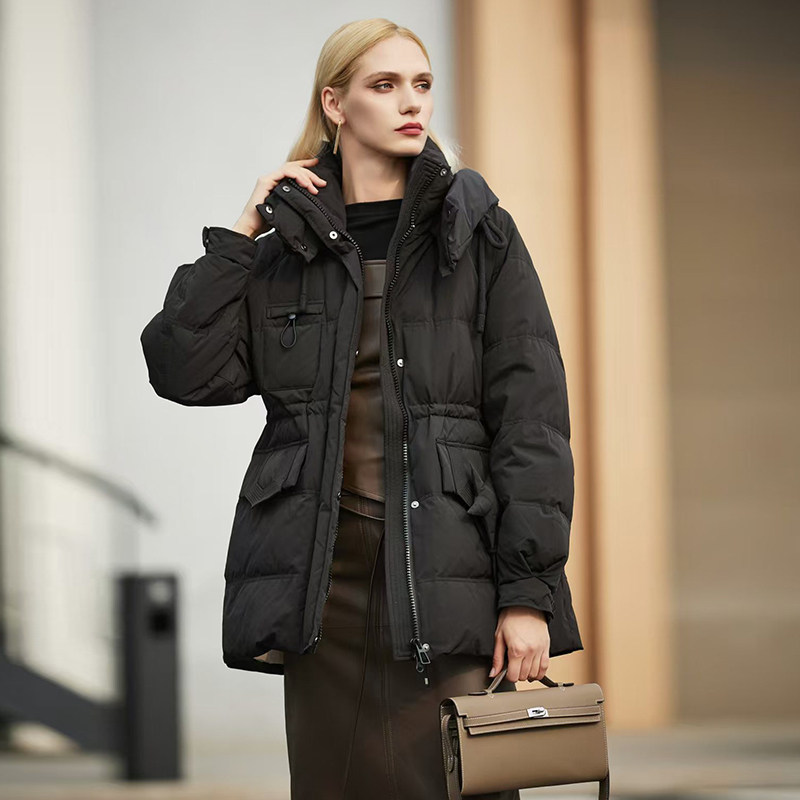 金影奇冬季新款收腰连帽保暖羽绒衣女大码中长款羽绒服宽松98368