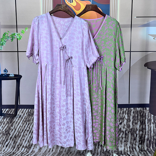 金影奇夏季复古提花连衣裙女大码收腰显瘦夏季V领盘扣长裙62939
