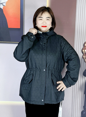 天娇一生水春秋季新款连帽风衣女大码菱形格收腰显瘦外套23721