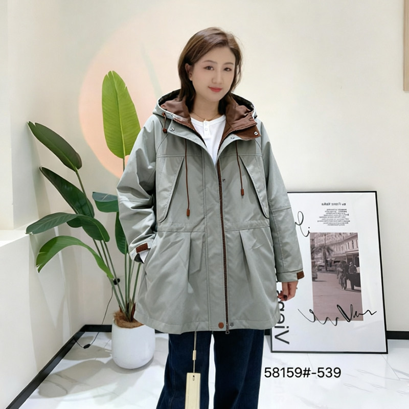 金影奇秋季新款中长款风衣女外套宽松大码女装连帽显瘦上衣58159