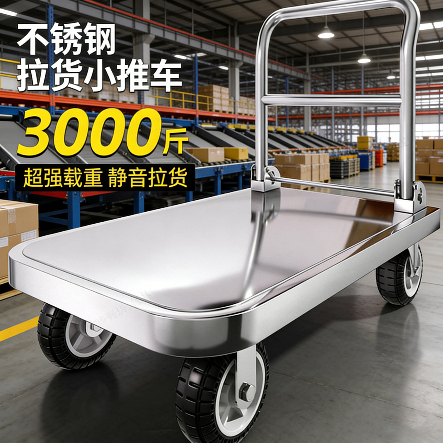 304不锈钢小推车拉货手推车搬运车平板折叠静音水产海鲜厂房拖车
