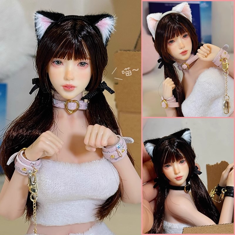 现货 1/6兵人 头雕配件头饰 猫娘ob 猫耳头箍羊皮项圈皮手铐 首饰