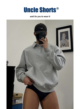 Uncle Shorts灰色卫衣男士学院风美式复古宽松百搭polo领套头上衣