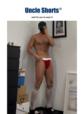 Uncle Shorts红色圣诞丁字裤男趣味性感蕾丝边毛毛丝绒三角内裤