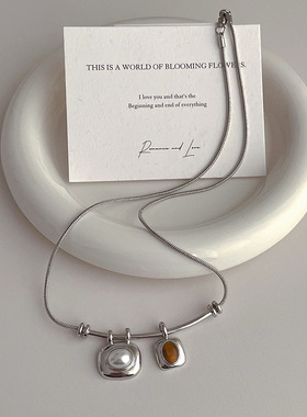 2023秋冬新款原生木纹石双色吊装项链毛衣轻奢小众设计高级感女