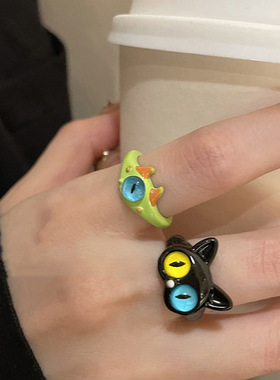 童趣可爱搞怪黑色猫咪怪兽戒指环女小众食指2YK千禧手饰新款开口