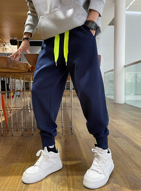 KXS冬季新品韩国时尚撞色飘带彩色休闲裤男宽松百搭贴标束脚卫裤