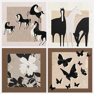 新中式中古黑白抽象花卉骏马蝴蝶正方形装饰画贴画画芯自粘海报