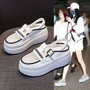 真皮水钻包头网纱透气爆款凉鞋女增高8cm夏季洞洞休闲厚底松糕鞋