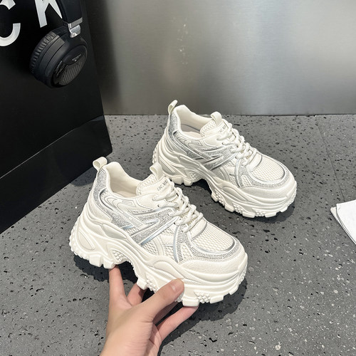 真皮水钻厚底老爹鞋女2025秋新款