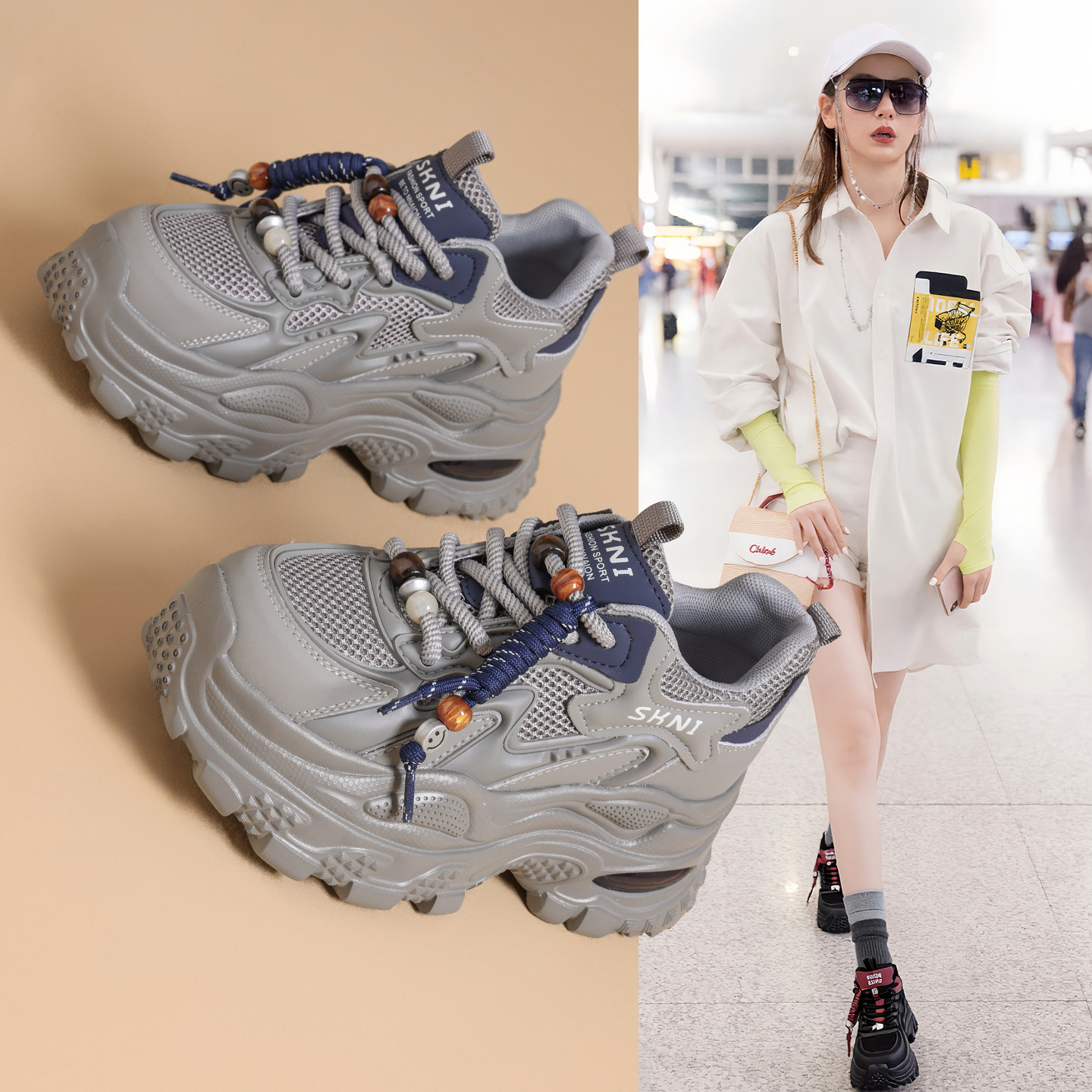 真皮厚底老爹鞋女鞋2026春季新款爆款网红百搭增高松糕运动休闲鞋