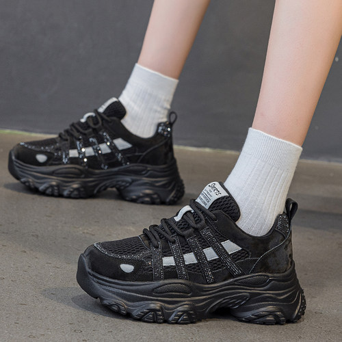 黑色水钻厚底老爹鞋7cm增高休闲