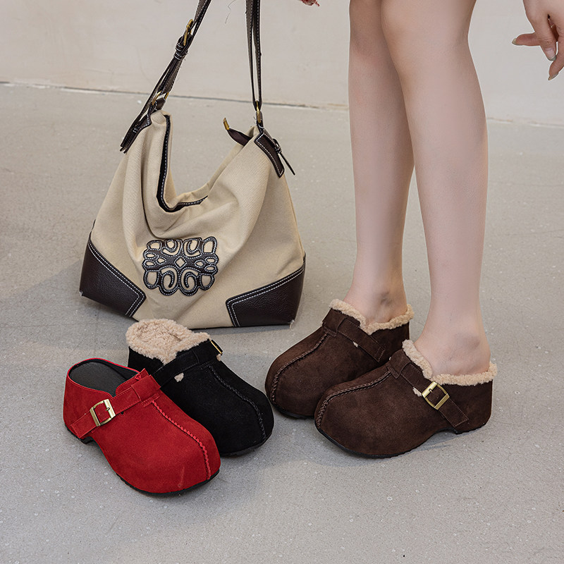 真皮勃肯包头毛毛半拖鞋女外穿冬新款高跟厚底一脚蹬加绒保暖棉拖