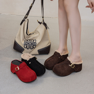真皮勃肯包头毛毛半拖鞋女外穿冬新款高跟厚底一脚蹬加绒保暖棉拖