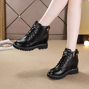 真皮黑色内增高小皮鞋女爆款秋季英伦风乐福鞋厚底休闲运动松糕鞋