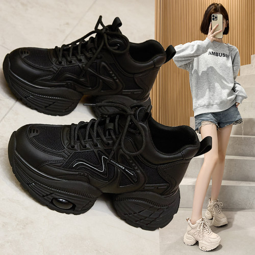 黑色厚底老爹鞋增高轻便休闲鞋