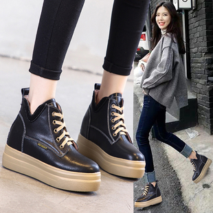 真皮内增高女鞋冬季加绒厚底运动鞋百搭网红马丁靴休闲松糕鞋短靴