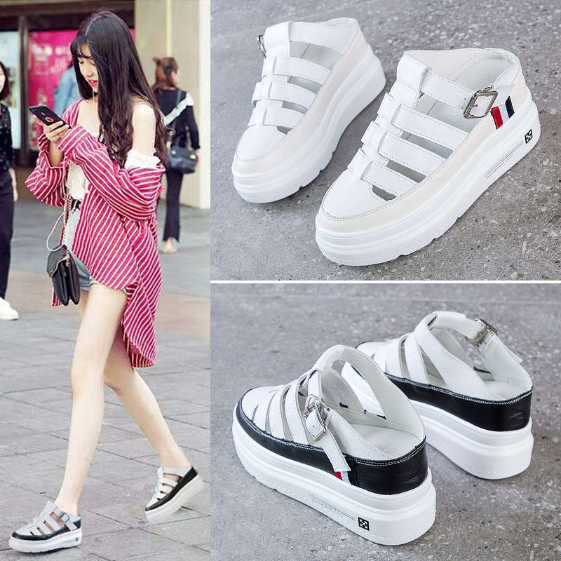 真皮镂空透气包头凉拖女夏松糕百搭白色厚底内增高凉鞋懒人半拖鞋