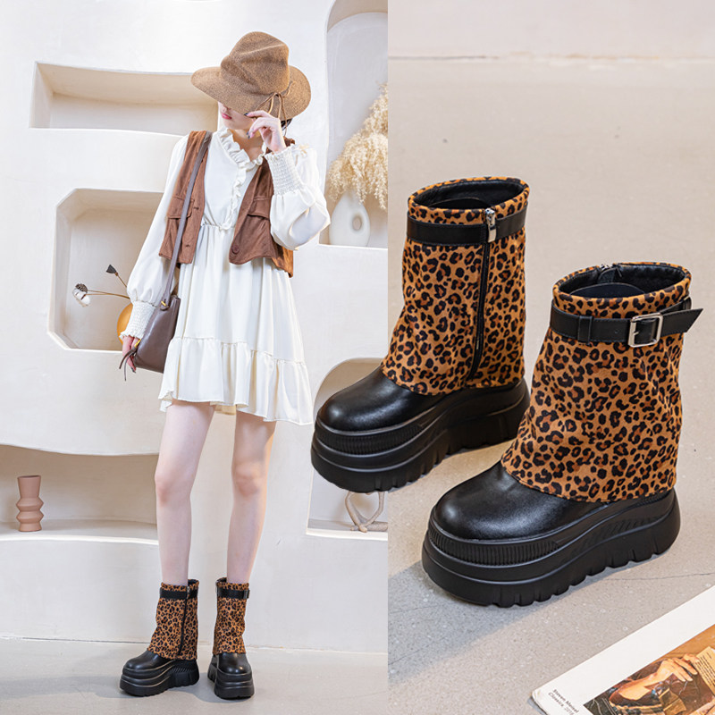 真皮内增高马丁靴女冬新款小个子中筒靴裤管靴超高跟豹纹厚底短靴