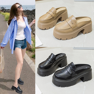真皮粗跟包头半拖鞋女2023春夏新款增高小皮鞋小码高跟厚底凉拖鞋