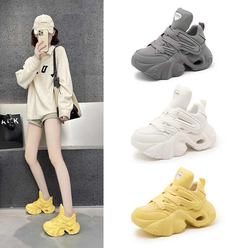 黄色真皮厚底老爹鞋休闲女鞋2025