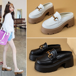 真皮粗跟包头半拖鞋 懒人外穿罗马高跟厚底凉拖 女增高7cm春夏新款