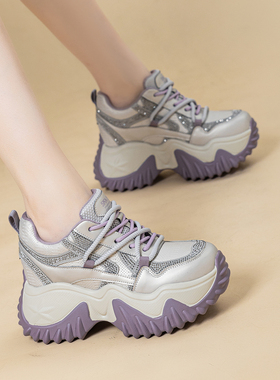 水钻炸街厚底老爹鞋女9cm春新款百搭小个子超火内增高运动休闲鞋