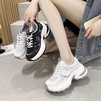 真皮超火网面透气厚底老爹鞋女夏新款增高7cm松糕松糕运动休闲鞋