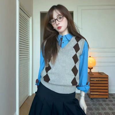 甜粿妹妹 韩系翻领条纹长袖衬衫女复古风叠穿针织马甲背心两件套