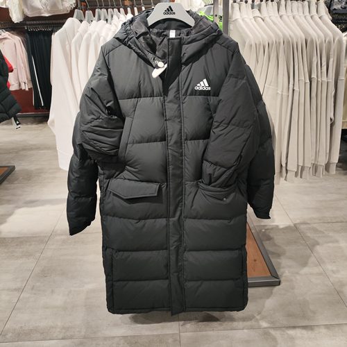 Adidas阿迪达斯冬季男女款户外防风保暖长款黑色连帽羽绒服GK0664