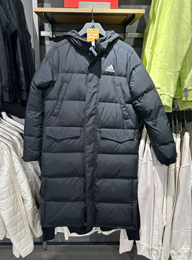 Adidas阿迪达斯男子黑色长款运动保暖连帽羽绒服 KC2498 GK0664