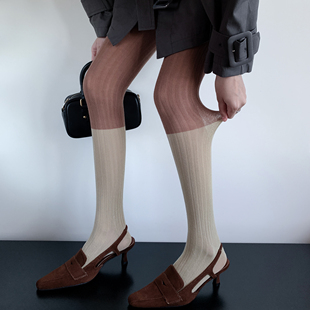 复古个性杏色拼浅咖啡连裤袜女秋冬竖条纹撞色拼接假小腿打底裤袜