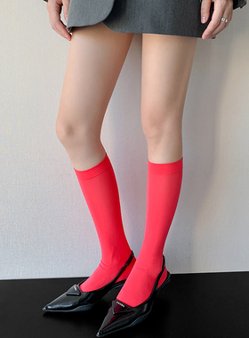 西瓜红堆堆袜女中筒春秋糖果色天鹅绒红色半腿袜多巴胺彩色小腿袜