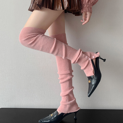 甜美少女粉色过膝瑜伽护膝保暖腿套秋冬y2k黄色针织长筒堆堆袜套