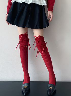 安可拉红色蝴蝶结过膝长筒堆堆袜秋冬季女白色高筒袜外穿潮网红款