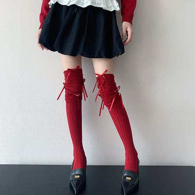 安可拉红色蝴蝶结过膝长筒堆堆袜秋冬季女白色高筒袜外穿潮网红款