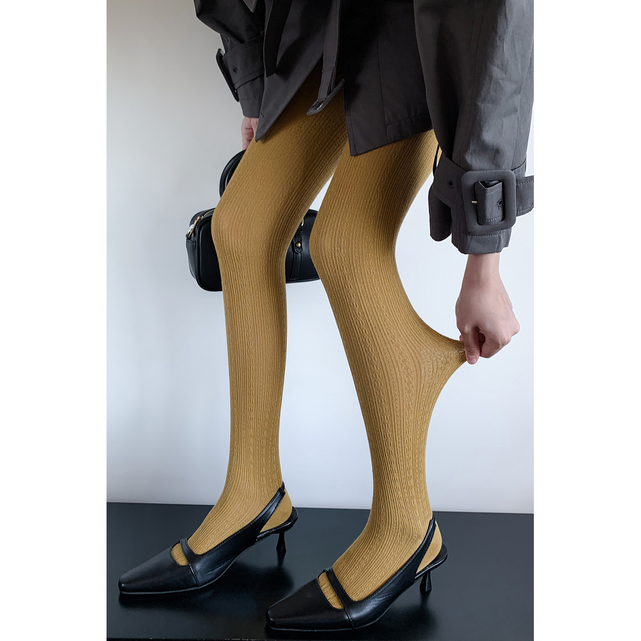 姜黄色麻花竖条纹连裤袜女秋冬棉质彩色简约百搭2025新款打底裤袜