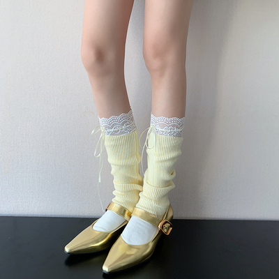 米黄色芭蕾风袜套女春秋薄款湖蓝色日系甜美堆堆袜ins潮粉色腿套