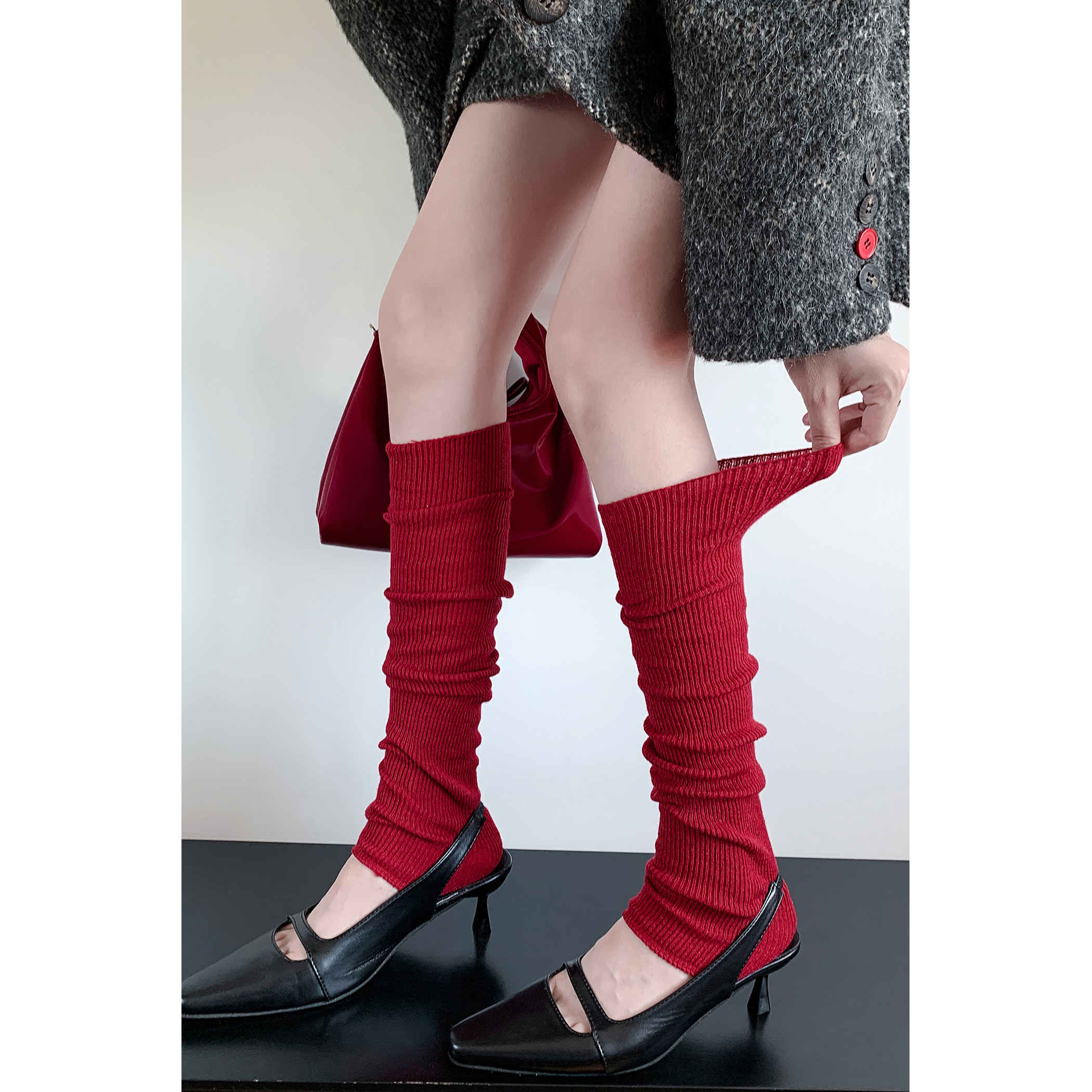 红色踩脚袜套女秋冬季甜酷辣妹风y2k腿套彩色chic竖条小腿堆堆袜
