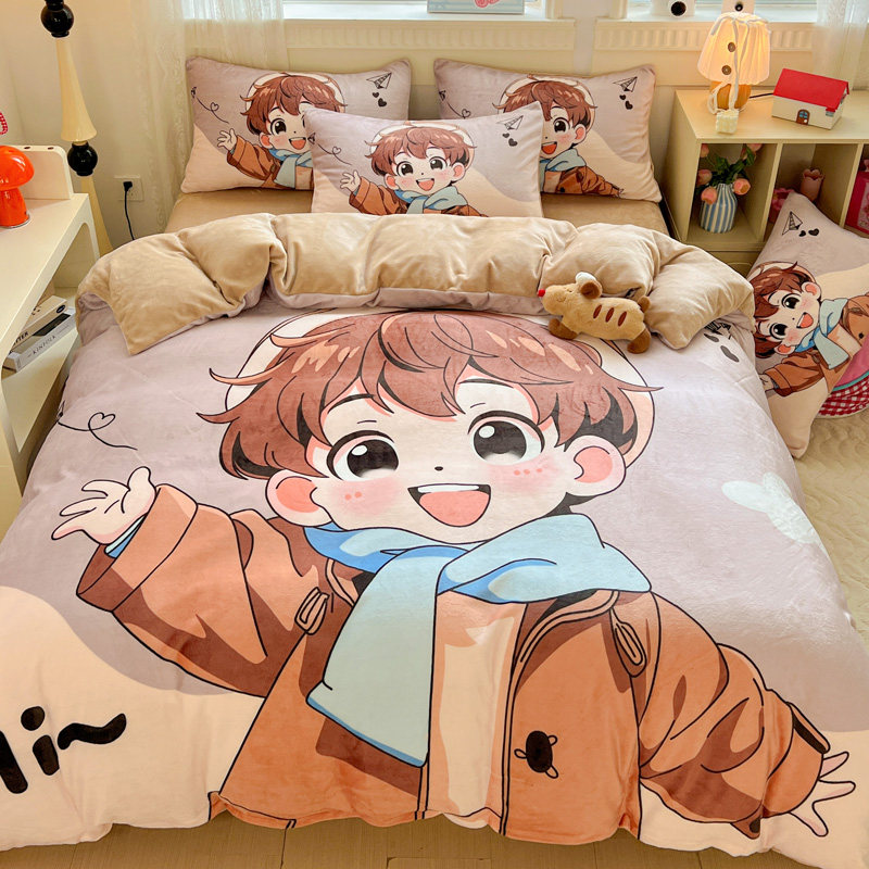 加厚高克重卡通大版印花牛奶绒四件套法莱法兰绒被套床笠加绒床单