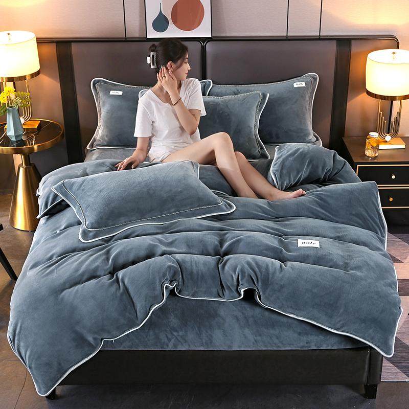 新款纯色牛奶绒四件套床笠款珊瑚绒床单式被套加绒加厚保暖金貂绒