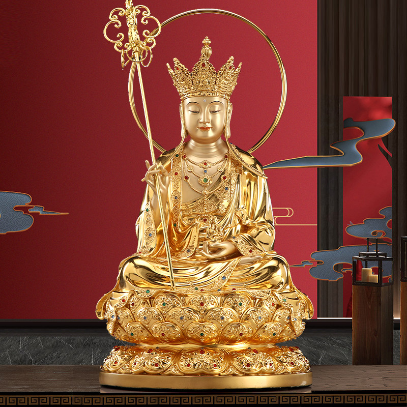 精品铜雕贴金镶宝地藏王菩萨像全铜家用供奉娑婆三圣佛像客厅摆件
